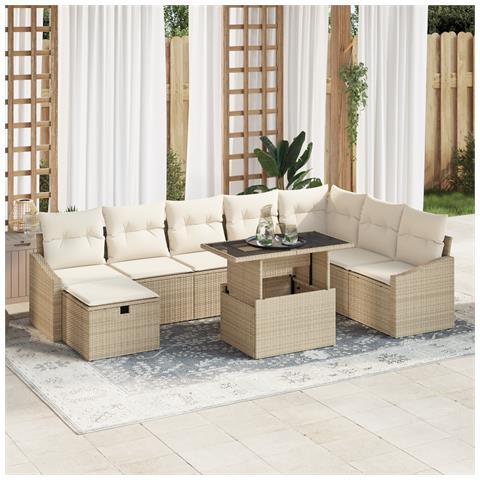 Set di Divani da Giardino da 9 Pezzi con Cuscini Beige in Rattan Sintetico - Foto 2