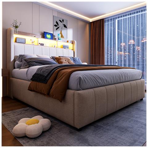 Letto Idraulico Imbottito 140x200cm Con Illuminazione A Led E Presa Usb, Testiera Con Contenitore E Ripiani, Letto Matrimoniale Per Adulti, Tessuto Lino, Grigio Beige, Senza Materasso - Foto 2