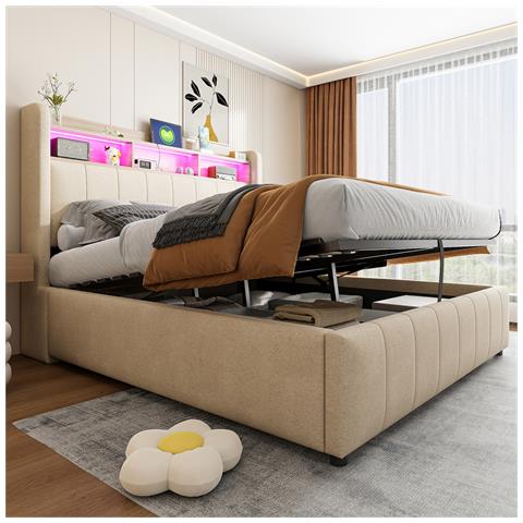 Letto Idraulico Imbottito 140x200cm Con Illuminazione A Led E Presa Usb, Testiera Con Contenitore E Ripiani, Letto Matrimoniale Per Adulti, Tessuto Lino, Grigio Beige, Senza Materasso - Foto 1