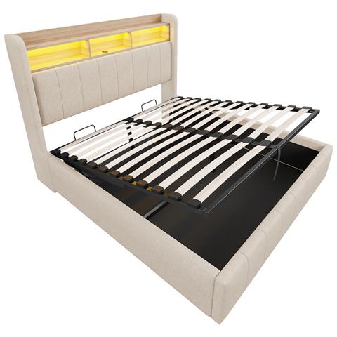 Letto Idraulico Imbottito 140x200cm Con Illuminazione A Led E Presa Usb, Testiera Con Contenitore E Ripiani, Letto Matrimoniale Per Adulti, Tessuto Lino, Grigio Beige, Senza Materasso - Foto 4