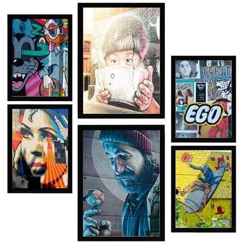 Set Di 6 Stampe Pittura Decorativa, Graffiti Colorati, Stencil Di Street Art Incorniciato Con Illustrazioni Di Design Per Le Pareti A3 & A4 Cornice Nera - Foto 1