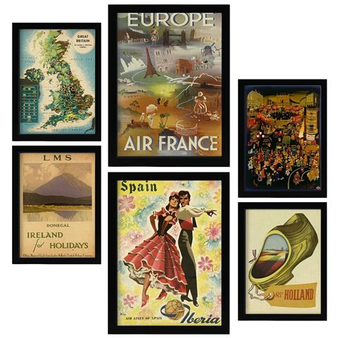 Set Di 6 Stampe Illustrazioni A Colori Di Cartelloni Pubblicitari Turistici D'epoca Provenienti Da Tutto Il Mondo, Provenienti Da Paesi Europei A3 & A4 Cornice Nera - Foto 1