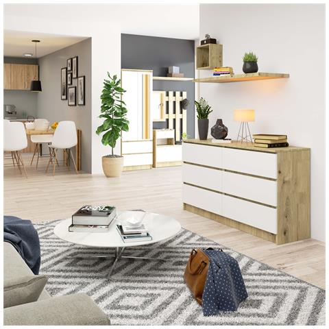 Cassettiera K140, 6 cassetti, 138x40x77 cm, Colore Quercia Artisan e Bianco - Foto 4