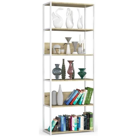 Scaffale stile loft con ripiani in legno, 6 ripiani, 70x32x192 cm, Colore Bianco e Quarcia Artisan - Foto 1