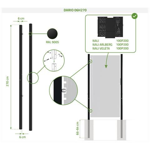 Set 2 Pali In Ferro Dario 6x6cm H. 270cm Nero Opaco - Foto 8