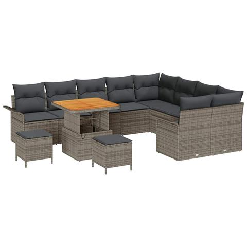 Set di Sofà da Giardino con Cuscini da 12 Pezzi Grigio Rattan Polimerico Acacia, Sofà da Giardino 2 Posti con Spazio di Stoccaggio e Cuscini Grigio Rattan Polimerico, Set da Pranzo da Giardino 3 Pezzi con Cuscini Grigio Rattan Polimerico Acacia - Foto 1
