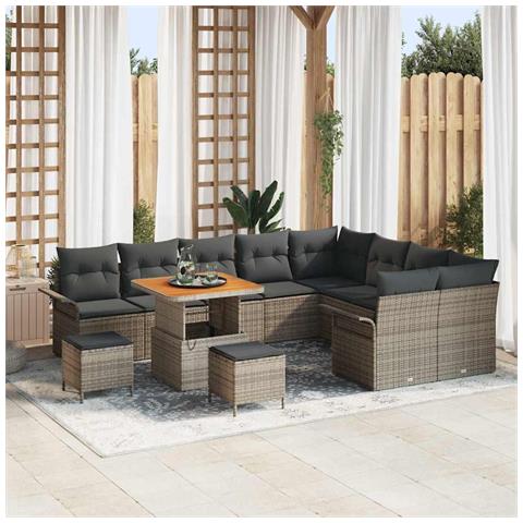 Set di Sofà da Giardino con Cuscini da 12 Pezzi Grigio Rattan Polimerico Acacia, Sofà da Giardino 2 Posti con Spazio di Stoccaggio e Cuscini Grigio Rattan Polimerico, Set da Pranzo da Giardino 3 Pezzi con Cuscini Grigio Rattan Polimerico Acacia - Foto 2