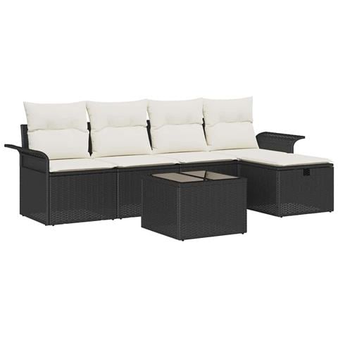 Set Divano da Giardino 6 Pezzi con Cuscini Nero Polyrattan, Divano da Giardino 2 Posti con Storage e Cuscini Nero Polyrattan - Foto 1