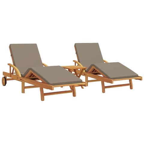 Lettini Prendisole 2 pz con Cuscini e Tavolo Taupe Legno Massello di Acacia,  Lettino Prendisole Pieghevole con Ruote e Cuscino Taupe Legno Massello di Acacia - Foto 1