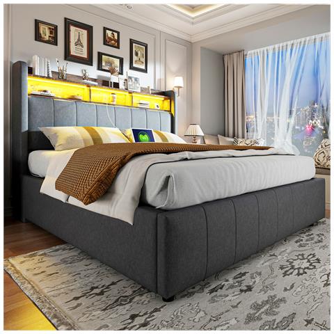 Letto Imbottito Idraulico 160x200cm Con Illuminazione A Led E Presa Usb, Testata Con Vano Contenitore E Ripiani, Letto Matrimoniale Per Adulti, Lino, Grigio, Senza Materasso - Foto 2