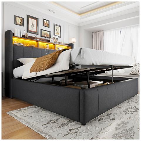 Letto Imbottito Idraulico 160x200cm Con Illuminazione A Led E Presa Usb, Testata Con Vano Contenitore E Ripiani, Letto Matrimoniale Per Adulti, Lino, Grigio, Senza Materasso - Foto 1