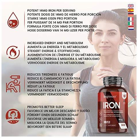 Ferro Compresse 14 Mg - 365 Compresse (1 Anno Alimentazione) - Ferro Di Supporto Supplemento Salute Per Il Sistema Immunitario Sangue Stanchezza E Affaticamento Vegan Keto-friendly Ad Alta Resistenza Le Migliori Pillole Di Ferro Attivi - Foto 2