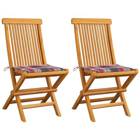 Sedie Giardino 2 Pz Con Cuscino Rosso A Quadri Massello Di Teak - Foto 2