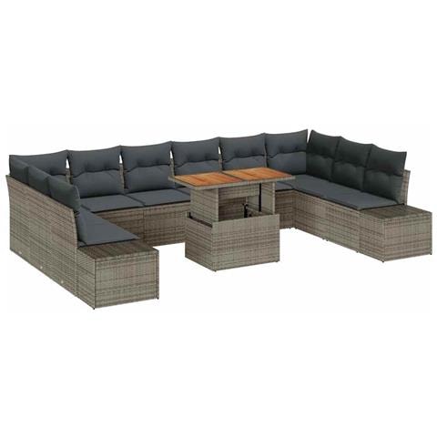 Set da Pranzo da Giardino 11 Pezzi con Cuscini Grigio Rattan Polivalente Acacia - Foto 1