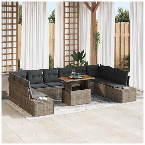 Set da Pranzo da Giardino 11 Pezzi con Cuscini Grigio Rattan Polivalente Acacia - Foto 2