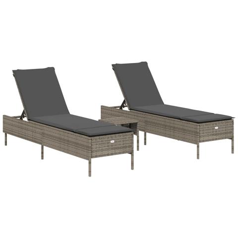 Set Lettini Prendisole con Cuscini 3pz Grigio in Polyrattan - Foto 1