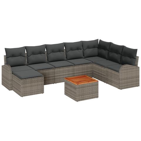 Set di divani da giardino da 9 pezzi con cuscini Grigio Polirattan Acacia - Foto 1