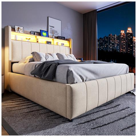 Letto Imbottito Idraulico 160x200cm Con Illuminazione A Led E Presa Usb, Testata Con Vano Contenitore E Ripiani, Letto Matrimoniale Per Adulti, Lino, Grigio Beige, Senza Materasso - Foto 2