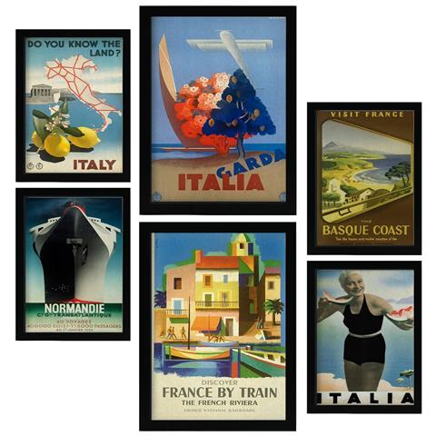 Set Di 6 Stampe Illustrazioni A Colori Di Cartelloni Pubblicitari Turistici D'epoca Provenienti Da Tutto Il Mondo, Provenienti Dai Paesi Del Mediterraneo A3 & A4 Cornice Nera - Foto 1