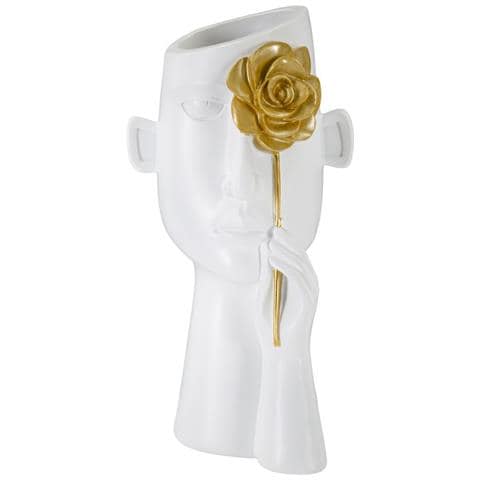 Vaso Face Con Fiore In Resina Bianca E Oro Scultoreo - Foto 1