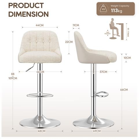 Set Di 2 Sgabelli Da Bar Bsm04 In Tessuto Girevoli E Regolabili In Altezza Colore Beige - Foto 8