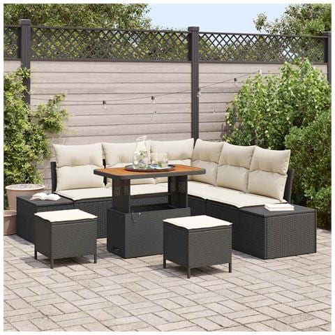 Set di Divani da Giardino 8 Pezzi con Cuscini Neri in Polyrattan, Divano da Giardino 2 Posti con Cuscini Neri in Polyrattan, Set da Pranzo da Giardino 3 Pezzi con Cuscini Neri in Polyrattan - Foto 2