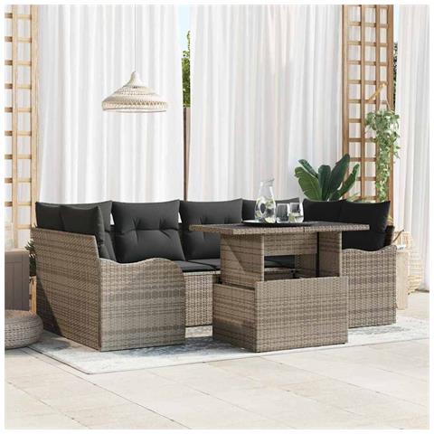 Set Divano da Giardino  7 Pezzi con Cuscini Grigio Rattan Polietilene, Divano da Giardino a 2 Posti  con Cuscini Grigio Rattan Polietilene - Foto 2