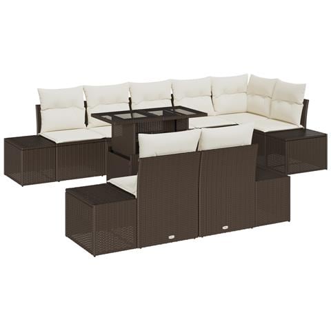 Set da Giardino 9 Pezzi con Cuscini Rattan Polygonale Marrone - Foto 1