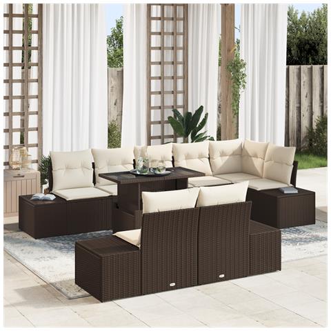 Set da Giardino 9 Pezzi con Cuscini Rattan Polygonale Marrone - Foto 2