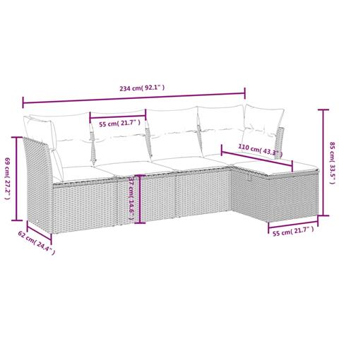 Set Divano da Giardino 5 pz con Cuscini Grigio in Polyrattan - Foto 4