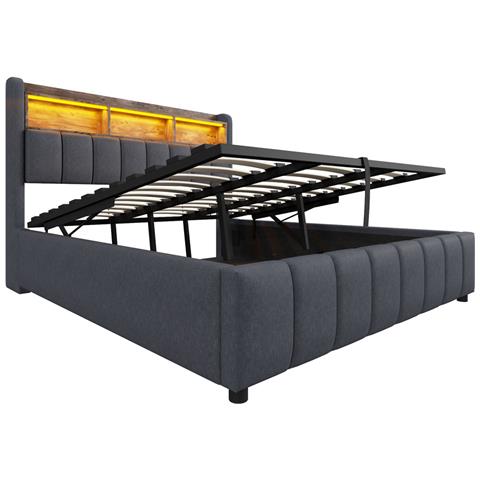 Letto Imbottito Idraulicamente 180x200cm Con Illuminazione Led E Presa Usb, Testiera Con Ripiani, Letto Matrimoniale Per Adulti, Lino, Grigio, Senza Materasso - Foto 2