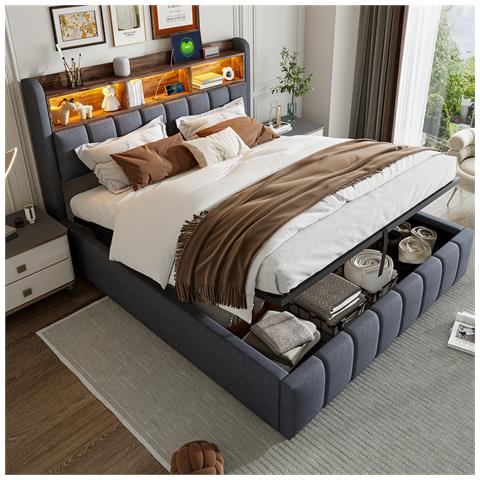 Letto Imbottito Idraulicamente 180x200cm Con Illuminazione Led E Presa Usb, Testiera Con Ripiani, Letto Matrimoniale Per Adulti, Lino, Grigio, Senza Materasso - Foto 1