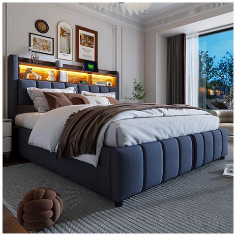 Letto Imbottito Idraulicamente 180x200cm Con Illuminazione Led E Presa Usb, Testiera Con Ripiani, Letto Matrimoniale Per Adulti, Lino, Grigio, Senza Materasso - Foto 4