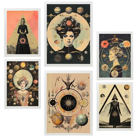 Set Di 6 Stampe Pittura Decorativa, Collage Surreale Nel Mistico Ed Esoterico, Illustrazioni Incorniciate In Beige E Nero A3 & A4 Cornice Bianca - Foto 1