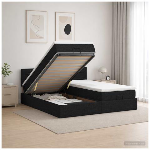 Letto ottomano con materasso con testiera 2 pz Nero Tessuto - Foto 2