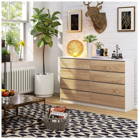 Cassettiera K160, 8 cassetti, 160x40x99 cm, Colore Bianco e Sonoma Quercia - Foto 5