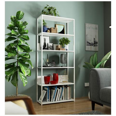 Scaffale stile loft con ripiani in legno, 6 ripiani, 80x32x192 cm, Colore Bianco - Foto 5