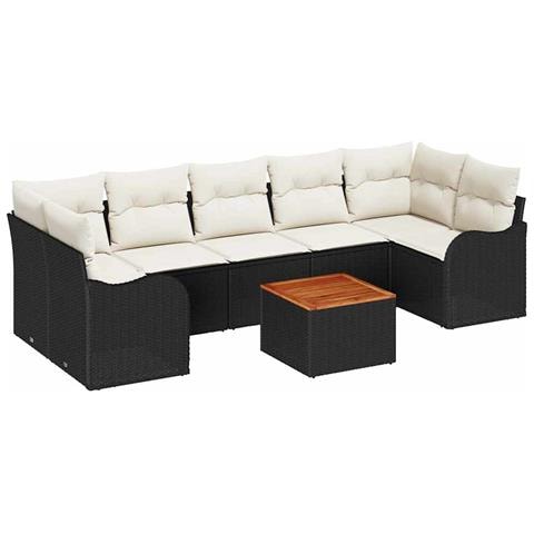 Set di Divani da Giardino  8 Pezzi con Cuscini Nero Polyrattan Acacia, Divano da Giardino  2 Posti con Cuscini Nero Polyrattan - Foto 1