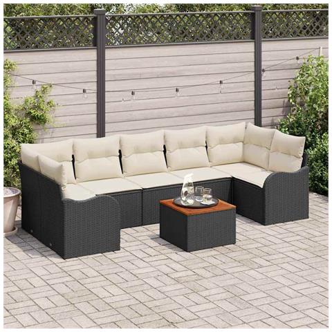 Set di Divani da Giardino  8 Pezzi con Cuscini Nero Polyrattan Acacia, Divano da Giardino  2 Posti con Cuscini Nero Polyrattan - Foto 2