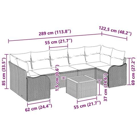 Set di Divani da Giardino  8 Pezzi con Cuscini Nero Polyrattan Acacia, Divano da Giardino  2 Posti con Cuscini Nero Polyrattan - Foto 9