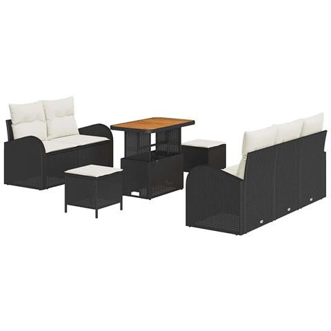 Set di divani da giardino 8 pezzi con cuscini neri in polyrattan, Divano da giardino 2 posti con spazio di stoccaggio e cuscini neri in polyrattan, Set da pranzo da giardino 3 pezzi con cuscini neri in polyrattan - Foto 1