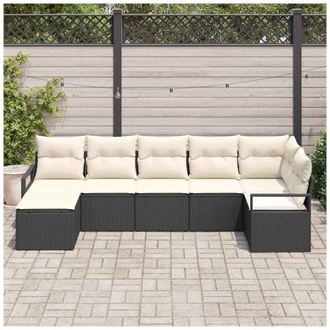 Set Divano Giardino  7 Pezzi con Cuscini in Polyrattan Nero, Divano Giardino  2 Posti con Cuscini in Polyrattan Nero - Foto 2