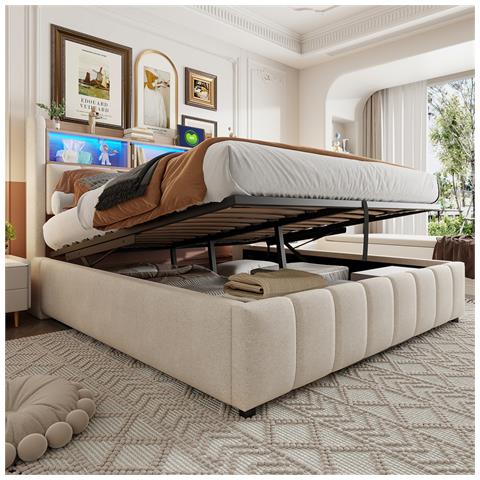 Letto Imbottito Idraulicamente 180x200cm Con Illuminazione Led E Presa Usb, Testiera Con Ripiani, Letto Matrimoniale Per Adulti, Lino, Beige, Senza Materasso - Foto 1