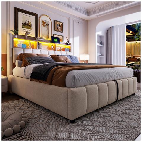Letto Imbottito Idraulicamente 180x200cm Con Illuminazione Led E Presa Usb, Testiera Con Ripiani, Letto Matrimoniale Per Adulti, Lino, Beige, Senza Materasso - Foto 2