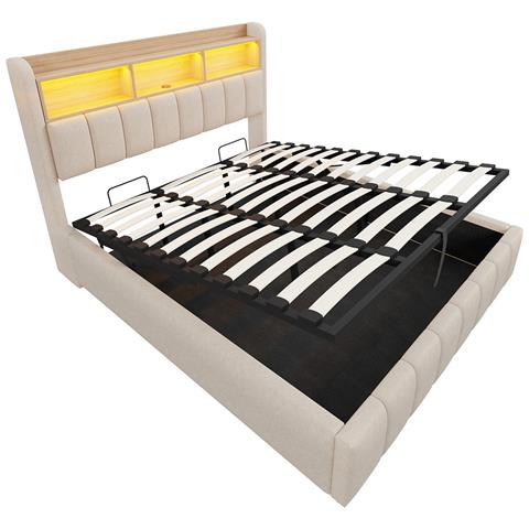 Letto Imbottito Idraulicamente 180x200cm Con Illuminazione Led E Presa Usb, Testiera Con Ripiani, Letto Matrimoniale Per Adulti, Lino, Beige, Senza Materasso - Foto 4