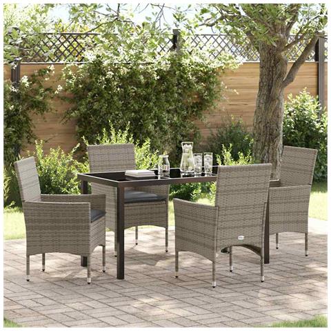 Set da Pranzo per Giardino con cuscino 5 pcs Grigio Poly Rattan - Foto 2