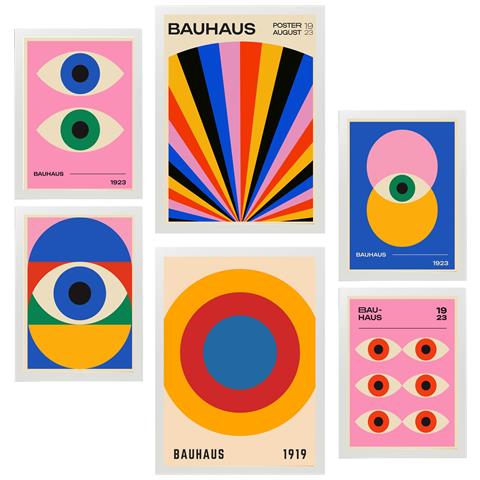 Set Di 6 Stampe Pittura Decorativa Con Forme Geometriche Bauhaus E Occhi Incorniciati Con Illustrazioni Di Design Per Le Pareti A3 & A4 Cornice Bianca - Foto 1