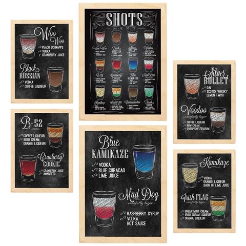 Set Di 6 Stampe Shots Illustrazioni A Colori Di Caffè E Bevande In Cartelloni Pubblicitari Per La Casa A3 & A4 Telaio In Legno Chiaro - Foto 1