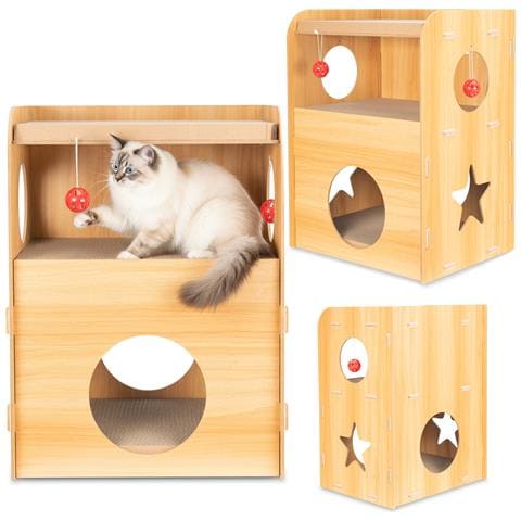 Graffiatoio per gatti, casa a due piani, letto con giocattolo, 43x34x55 cm - Foto 4