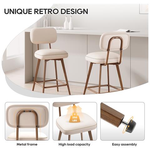 Set Di 2 Sgabelli Da Bar Bsm02 In Ecopelle Pu Girevoli Con Gambe In Metallo Colore Beige - Foto 2
